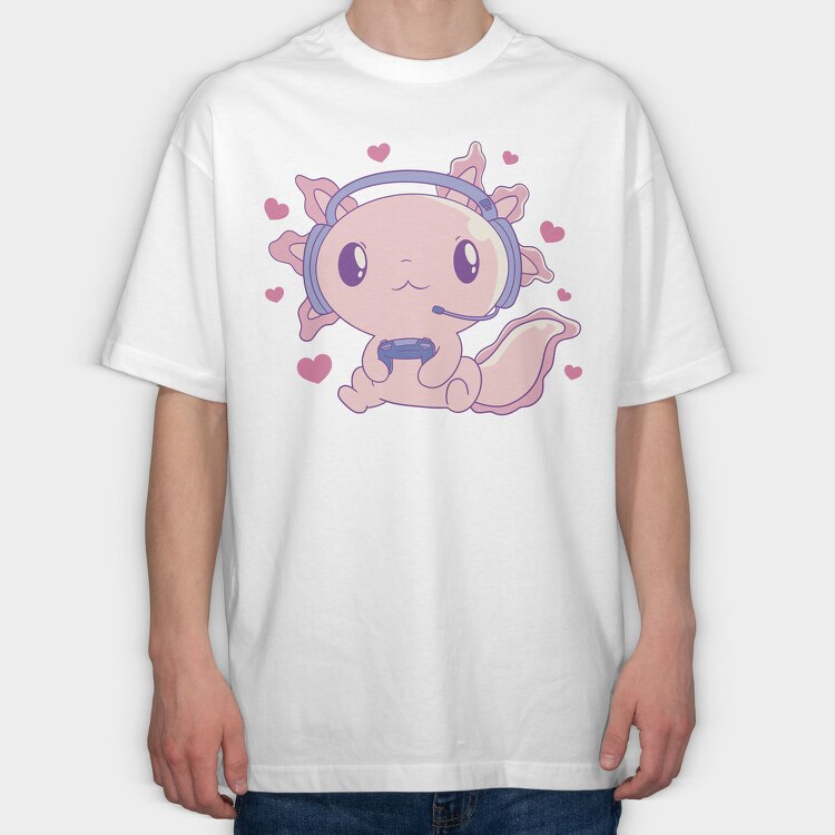 Cute Axolotl Playing Videogames Gaming, Tricou Oversize Barbati (Unisex)