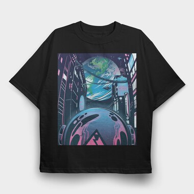 Futuristic City Neon Cyberpunk, Tricou Oversize Barbati (Unisex)