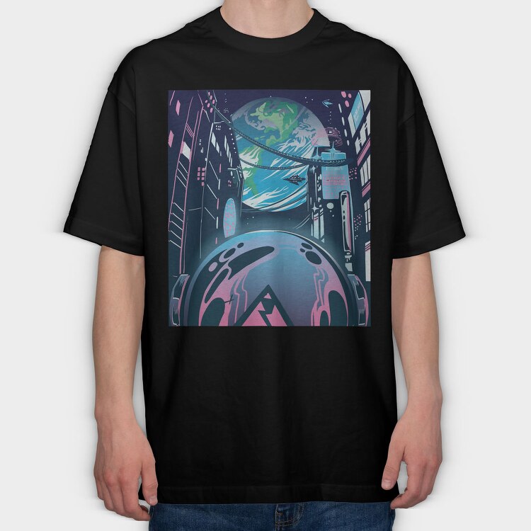 Futuristic City Neon Cyberpunk, Tricou Oversize Barbati (Unisex)