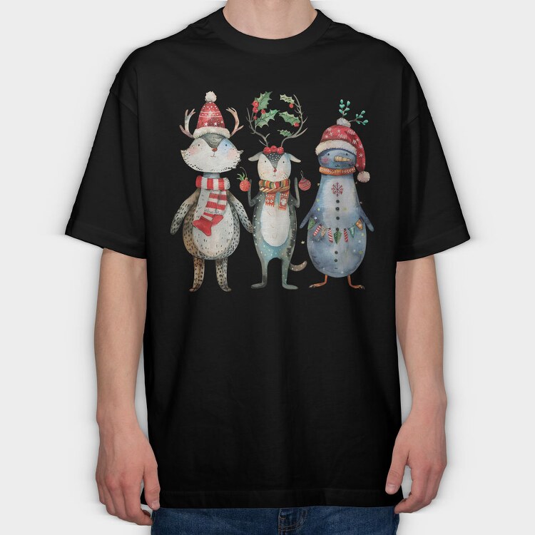 Watercolor Christmas Animals, Tricou Oversize Barbati (Unisex)