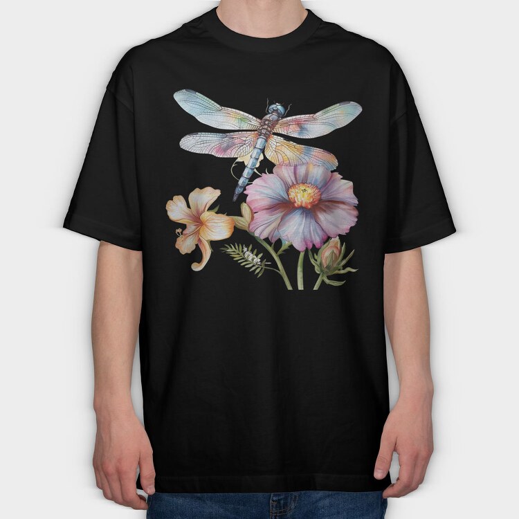 Watercolor Dragonfly Flowers, Tricou Oversize Barbati (Unisex)
