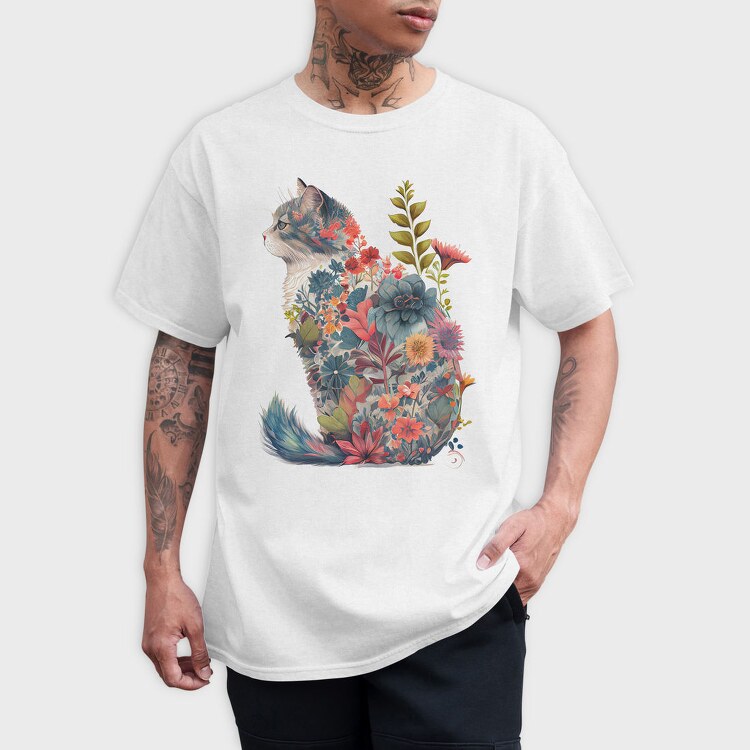 Floral Cat Silhouette Flower, Tricou Barbati (Unisex)