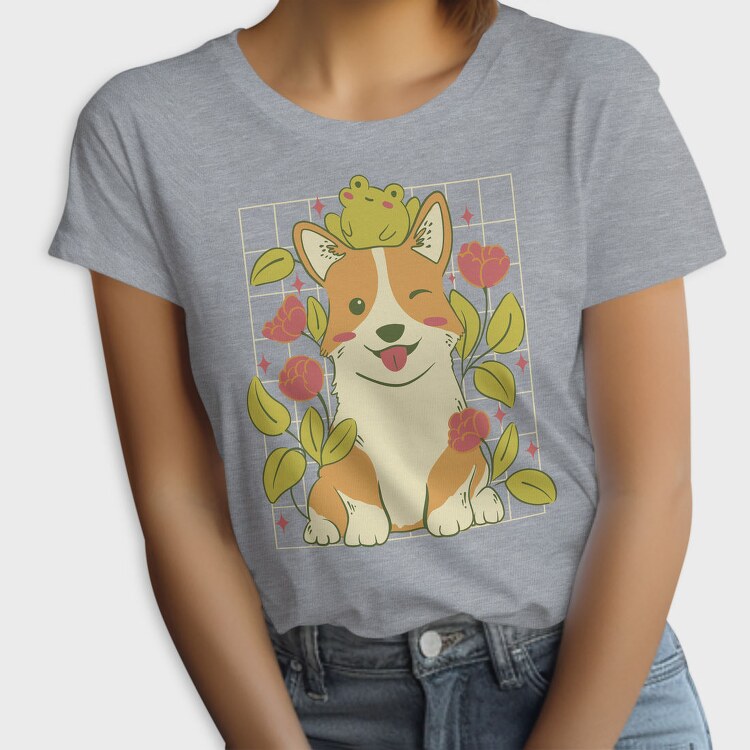 Cute Corgi Dog And Frog, Tricou Femei