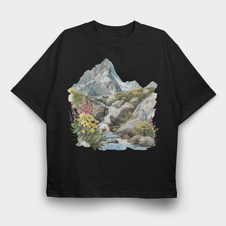 Watercolor Flower Mountain, Tricou Oversize Barbati (Unisex)