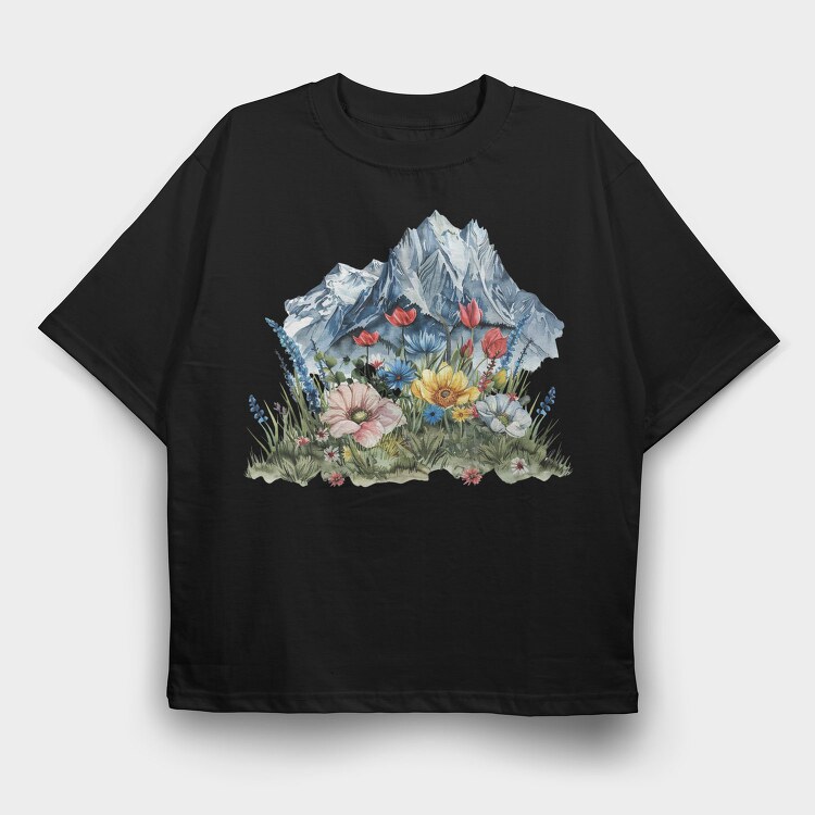 Watercolor Flowers Mountain, Tricou Oversize Barbati (Unisex)