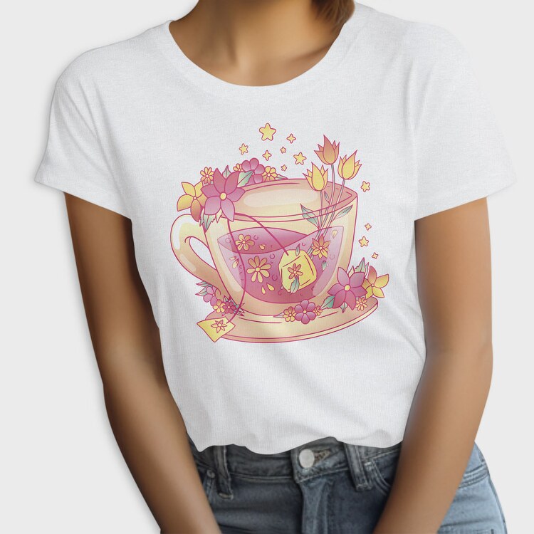 Floral Cup Of Tea Pink Kawaii, Tricou Femei