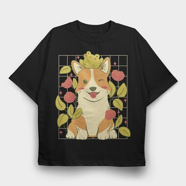 Cute Corgi Dog And Frog, Tricou Oversize Barbati (Unisex)