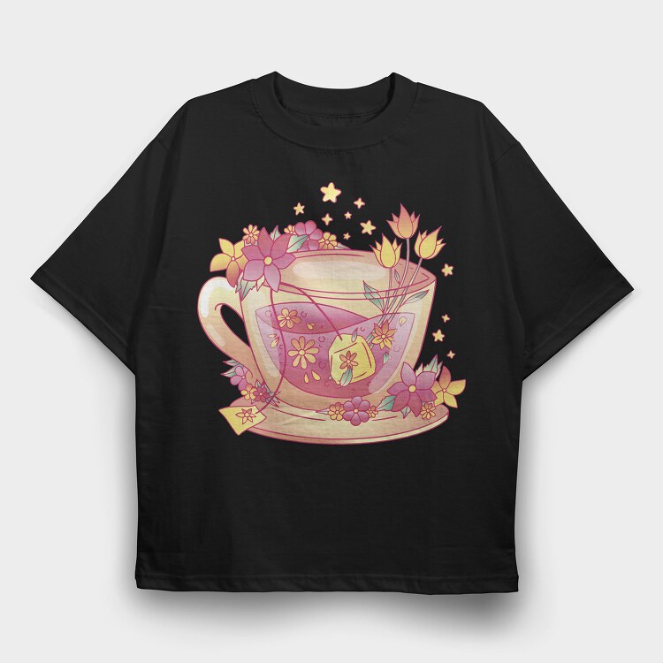 Floral Cup Of Tea Pink Kawaii, Tricou Oversize Barbati (Unisex)