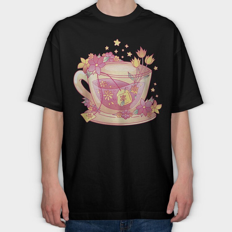 Floral Cup Of Tea Pink Kawaii, Tricou Oversize Barbati (Unisex)