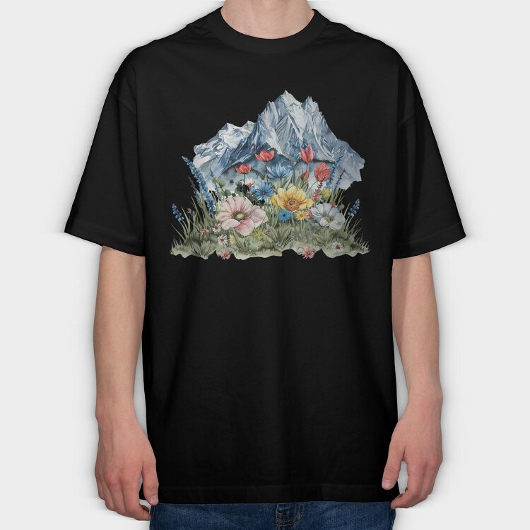 Watercolor Flowers Mountain, Tricou Oversize Barbati (Unisex)