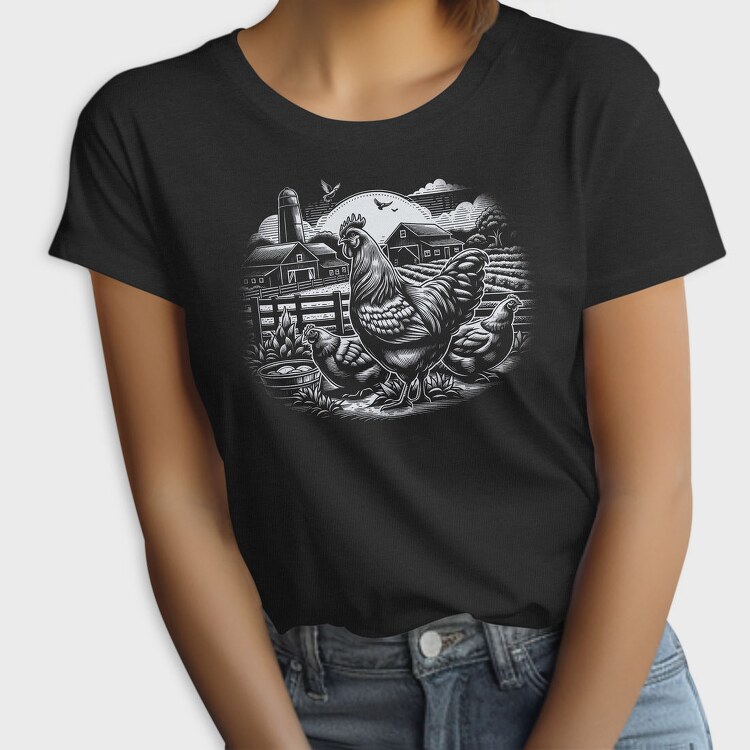 Monochrome Farm Chicken Illustration, Tricou Femei