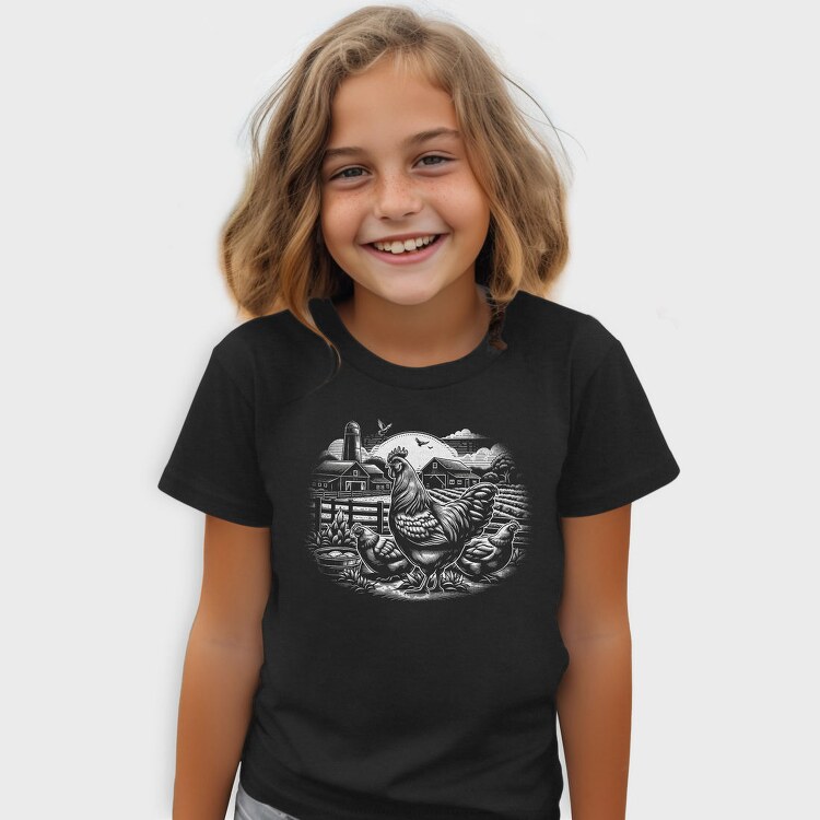 Monochrome Farm Chicken Illustration, Tricou Copii
