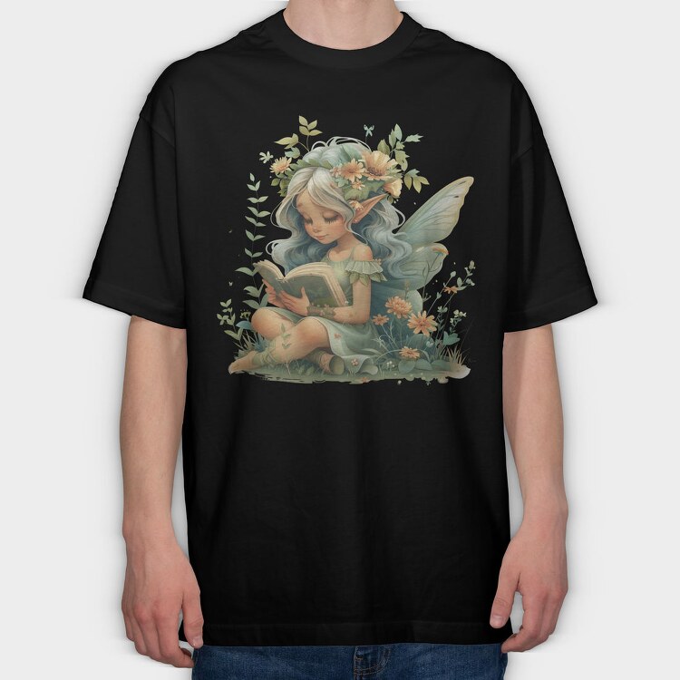 Watercolor Fairy Reading, Tricou Oversize Barbati (Unisex)