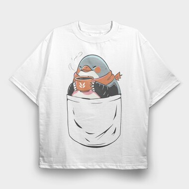 Cute Penguin In Pocket Coffee, Tricou Oversize Barbati (Unisex)
