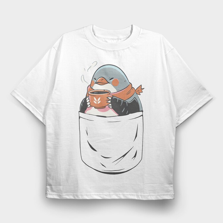 Cute Penguin In Pocket Coffee, Tricou Oversize Barbati (Unisex)
