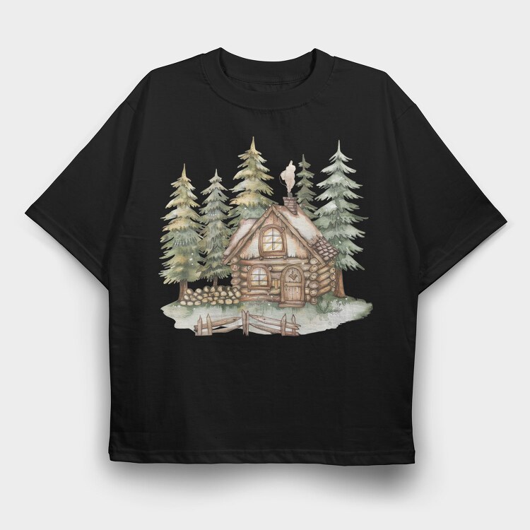Watercolor Forest House, Tricou Oversize Barbati (Unisex)