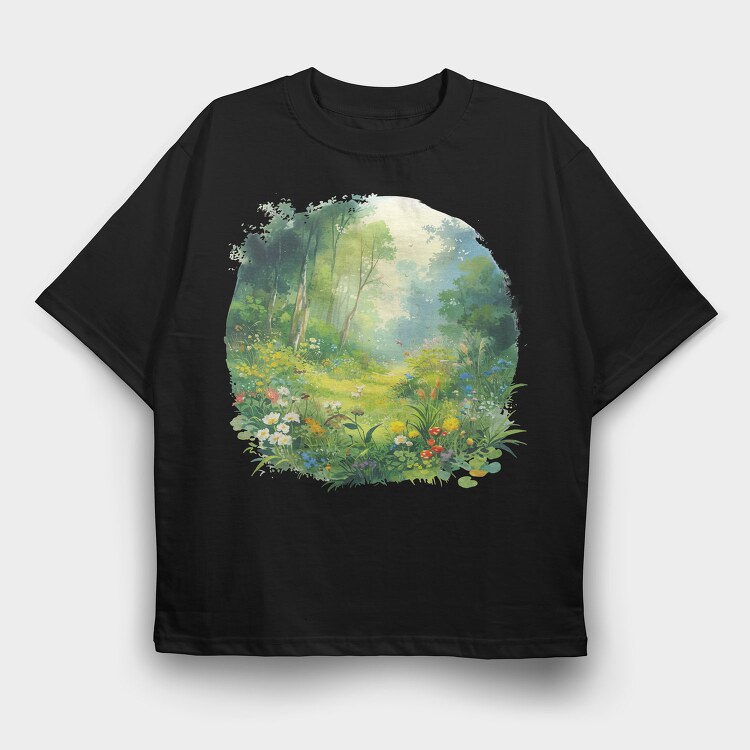 Watercolor Forest Meadow, Tricou Oversize Barbati (Unisex)