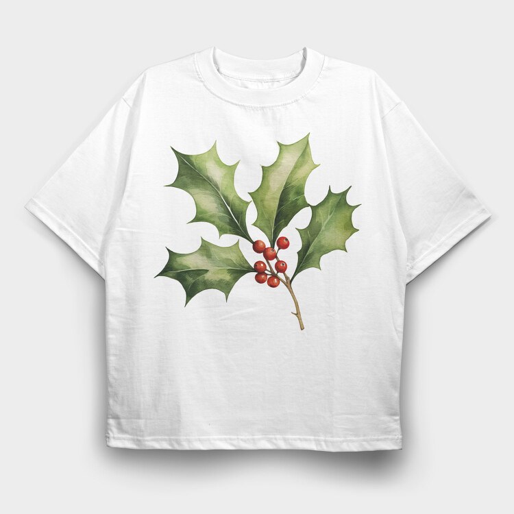 Watercolor Holly Berry, Tricou Oversize Barbati (Unisex)