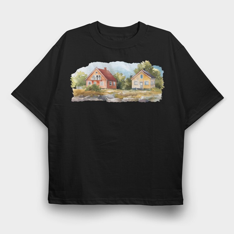Watercolor Homes Nature, Tricou Oversize Barbati (Unisex)