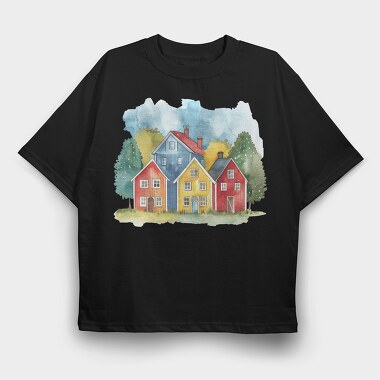 Watercolor Houses 15, Tricou Oversize Barbati (Unisex)