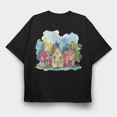 Watercolor Houses 24, Tricou Oversize Barbati (Unisex)