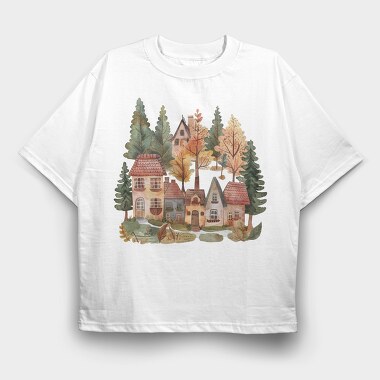 Watercolor Houses Nature, Tricou Oversize Barbati (Unisex)