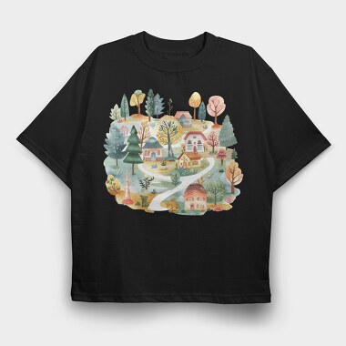 Watercolor Houses Nest, Tricou Oversize Barbati (Unisex)