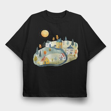 Watercolor Houses Night, Tricou Oversize Barbati (Unisex)
