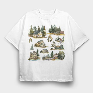 Watercolor Houses Nordic, Tricou Oversize Barbati (Unisex)