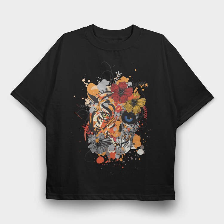 Tiger And Skull Abstract 001, Tricou Oversize Barbati (Unisex)