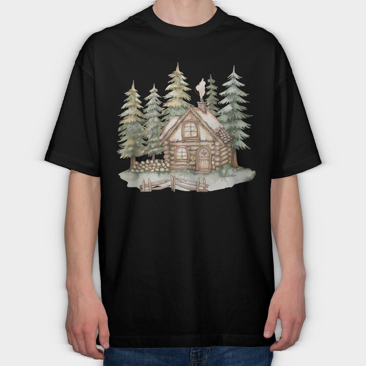 Watercolor Forest House, Tricou Oversize Barbati (Unisex)