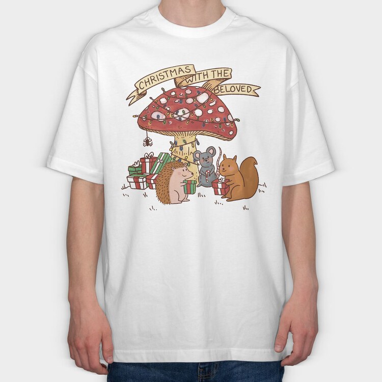 Christmas Mushroom And Animals With The Beloved, Tricou Oversize Barbati (Unisex)