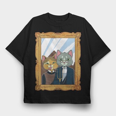 American Gothic Cat Farmer, Tricou Oversize Barbati (Unisex)