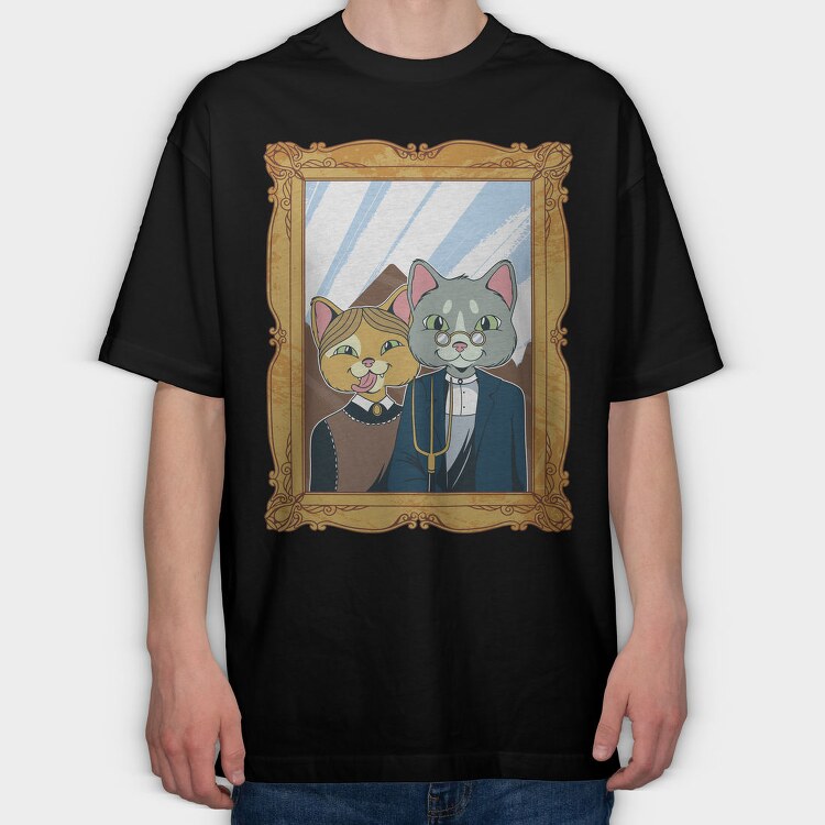 American Gothic Cat Farmer, Tricou Oversize Barbati (Unisex)