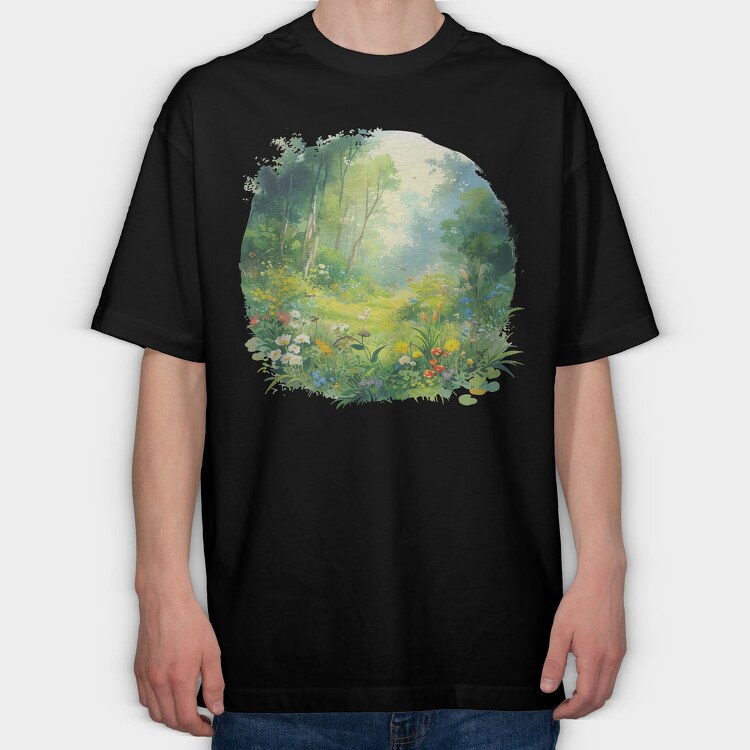 Watercolor Forest Meadow, Tricou Oversize Barbati (Unisex)