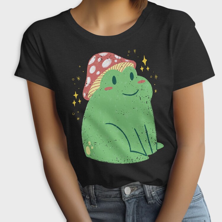 Cute Frog With Mushroom Sitting Cottage Core, Tricou Femei