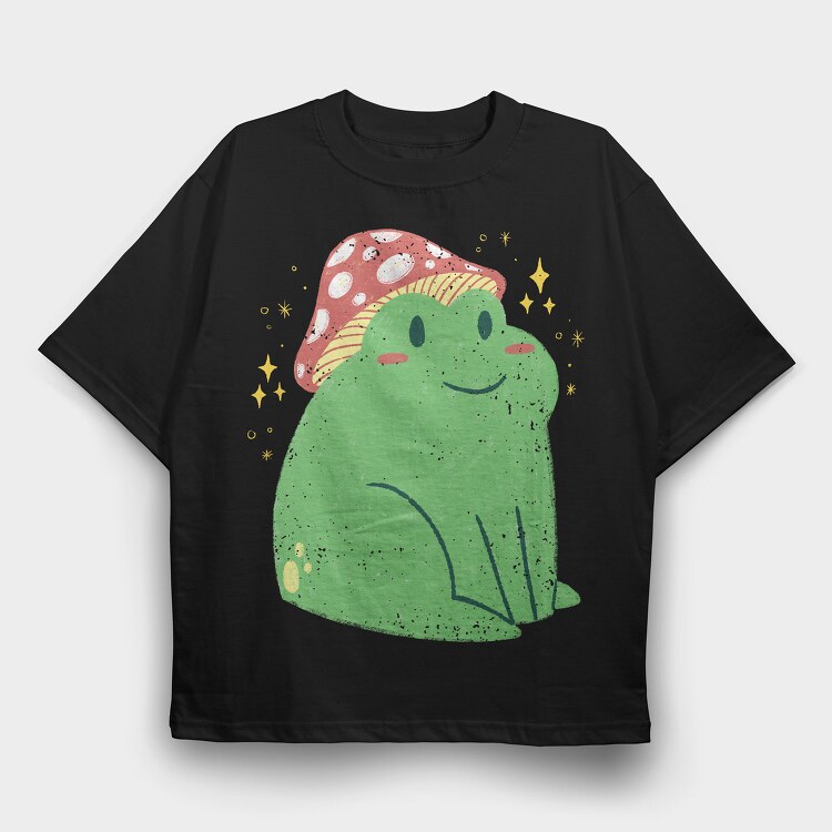 Cute Frog With Mushroom Sitting Cottage Core, Tricou Oversize Barbati (Unisex)