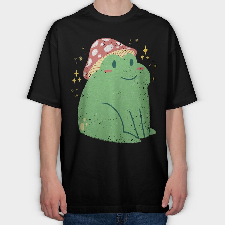 Cute Frog With Mushroom Sitting Cottage Core, Tricou Oversize Barbati (Unisex)