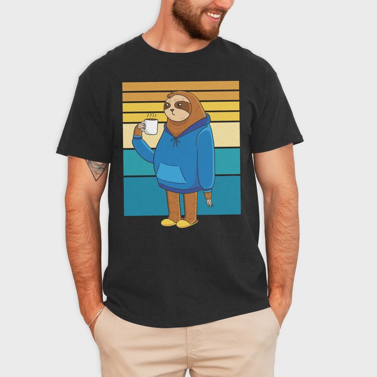 Tired Sloth Drinking Coffee Lazy Retro Sunset, Tricou Barbati (Unisex)