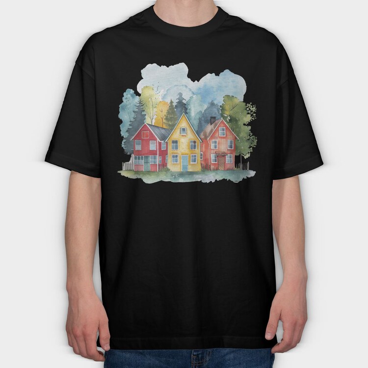 Watercolor Houses 24, Tricou Oversize Barbati (Unisex)
