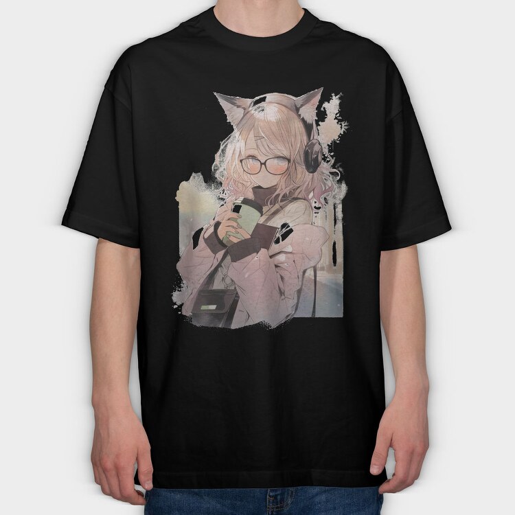 Pretty Anime Girl With Headphones, Tricou Oversize Barbati (Unisex)
