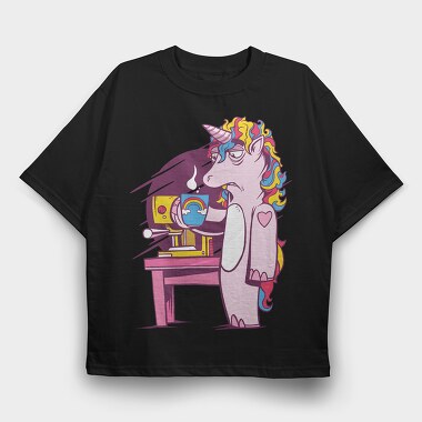 Tired Unicorn With Coffee, Tricou Oversize Barbati (Unisex)