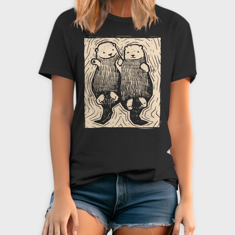 Cute Hand Drawn Otters Lino Art, Tricou Barbati (Unisex)
