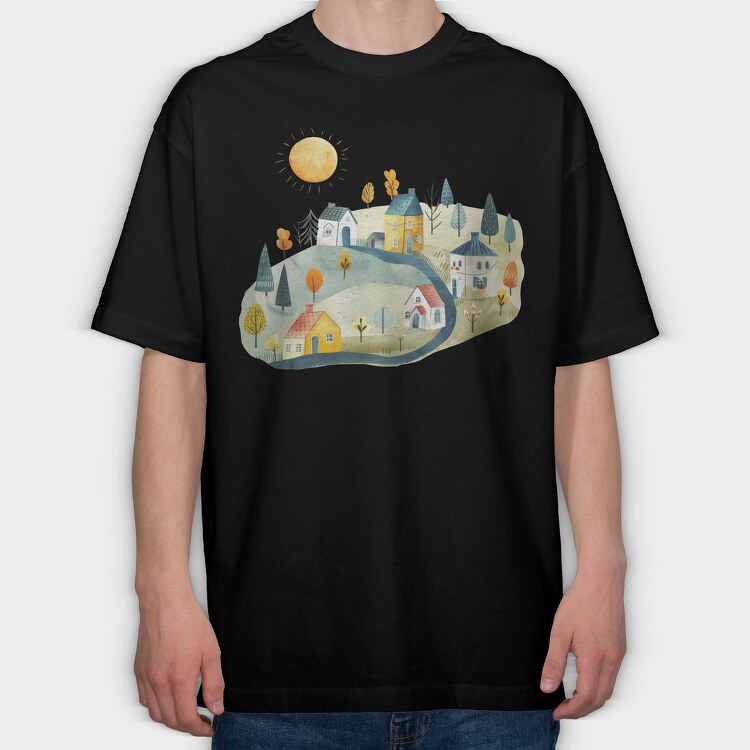 Watercolor Houses Night, Tricou Oversize Barbati (Unisex)