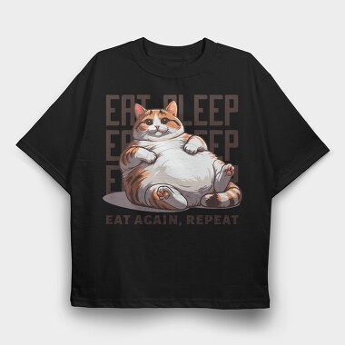Lazy Cat Quote Eat Sleep Repeat, Tricou Oversize Barbati (Unisex)