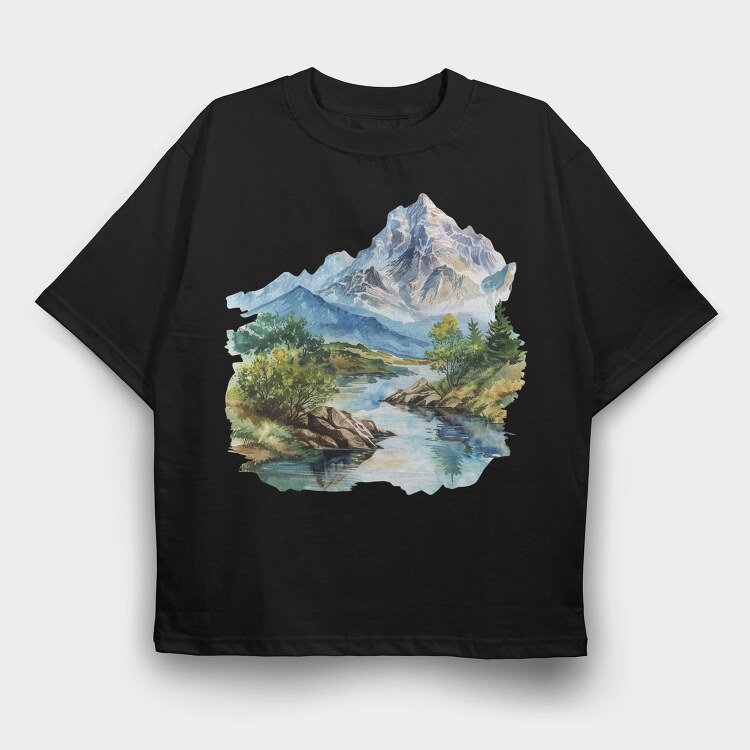 Watercolor Mountain Clipart, Tricou Oversize Barbati (Unisex)