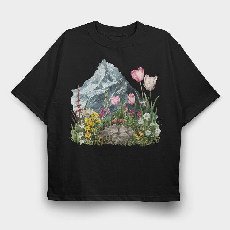 Watercolor Mountain Garden, Tricou Oversize Barbati (Unisex)