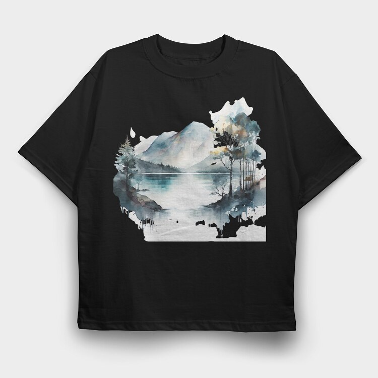 Watercolor Mountain Lake, Tricou Oversize Barbati (Unisex)
