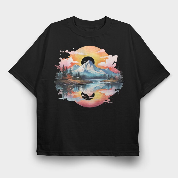 Watercolor Mountain Moon, Tricou Oversize Barbati (Unisex)