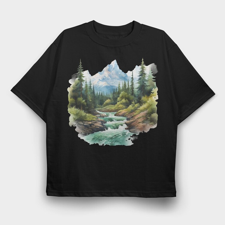 Watercolor Mountain Peace, Tricou Oversize Barbati (Unisex)